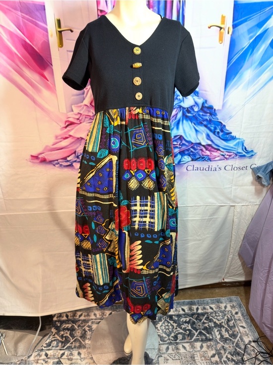 Impressions Of California Dresses & Skirts - Black Mixed-Print Midi Dress with Button Front